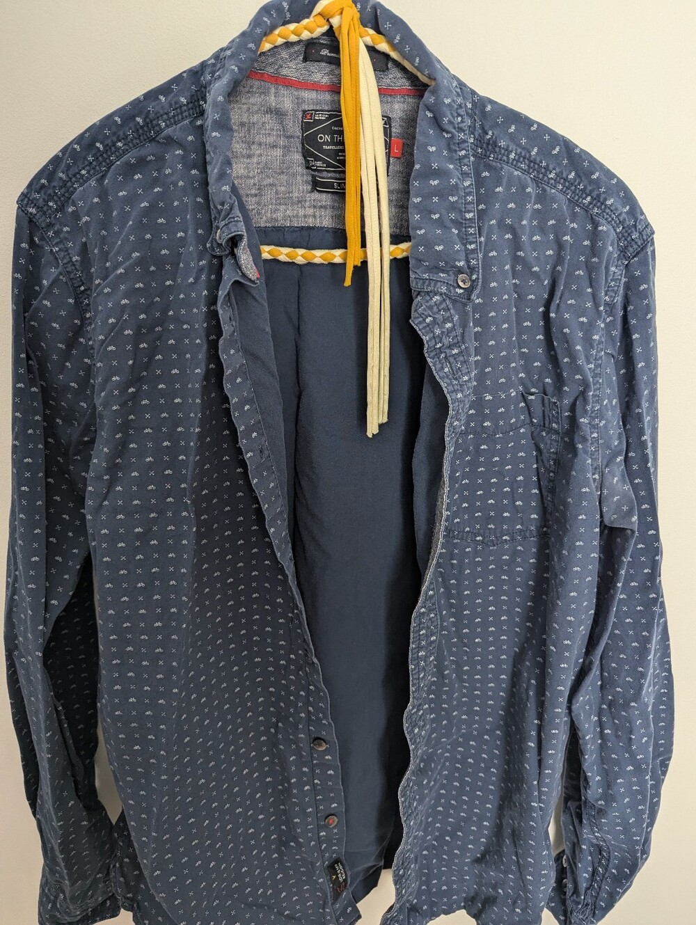 On The Road Navy Button-Down Shirt with Small White Motif